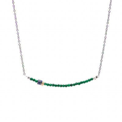 Moxie Malachite Bar Necklace with Gold and Matte Lapis on Oxidized Silver Chain