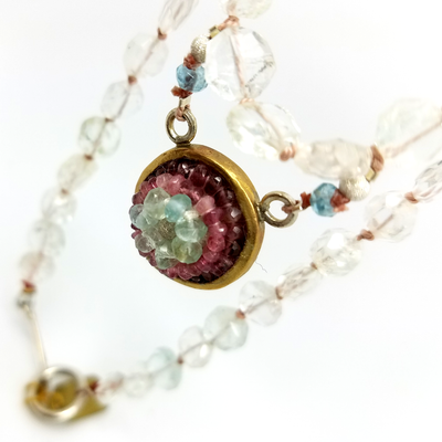 Iconic Aquamarine and Tourmaline 17mm Mosaic Necklace on Silk Necklace, 18"