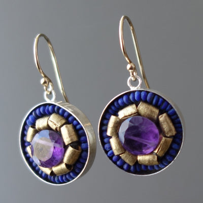 Amethyst, Gold, and Lapis Lazuli mosaic earring
