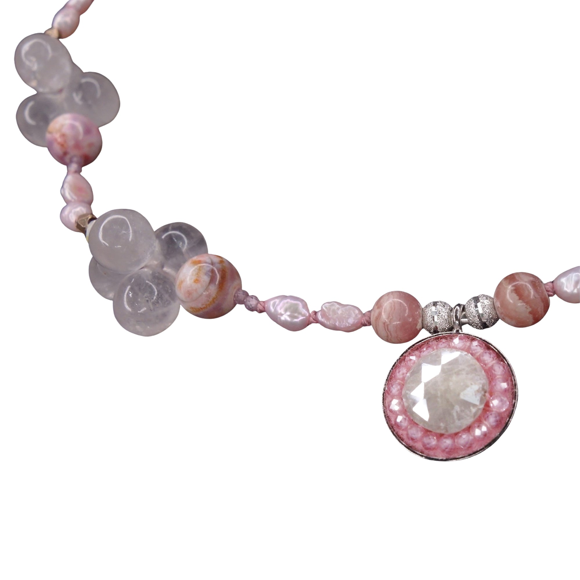 We Mothers Stand Still: rose quartz, pearl, pink sapphire mosaic necklace/bracelet