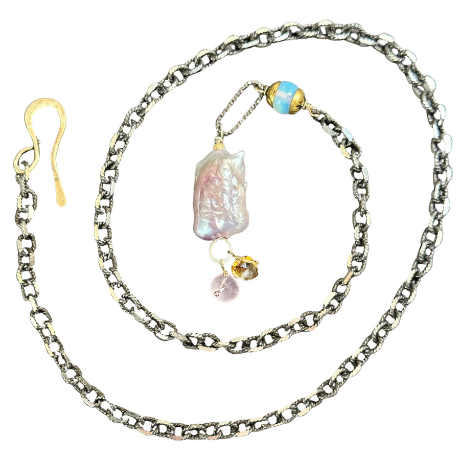 Her Blush Spoke a Thousand Words: pink mabe pearl, silver + gold necklace