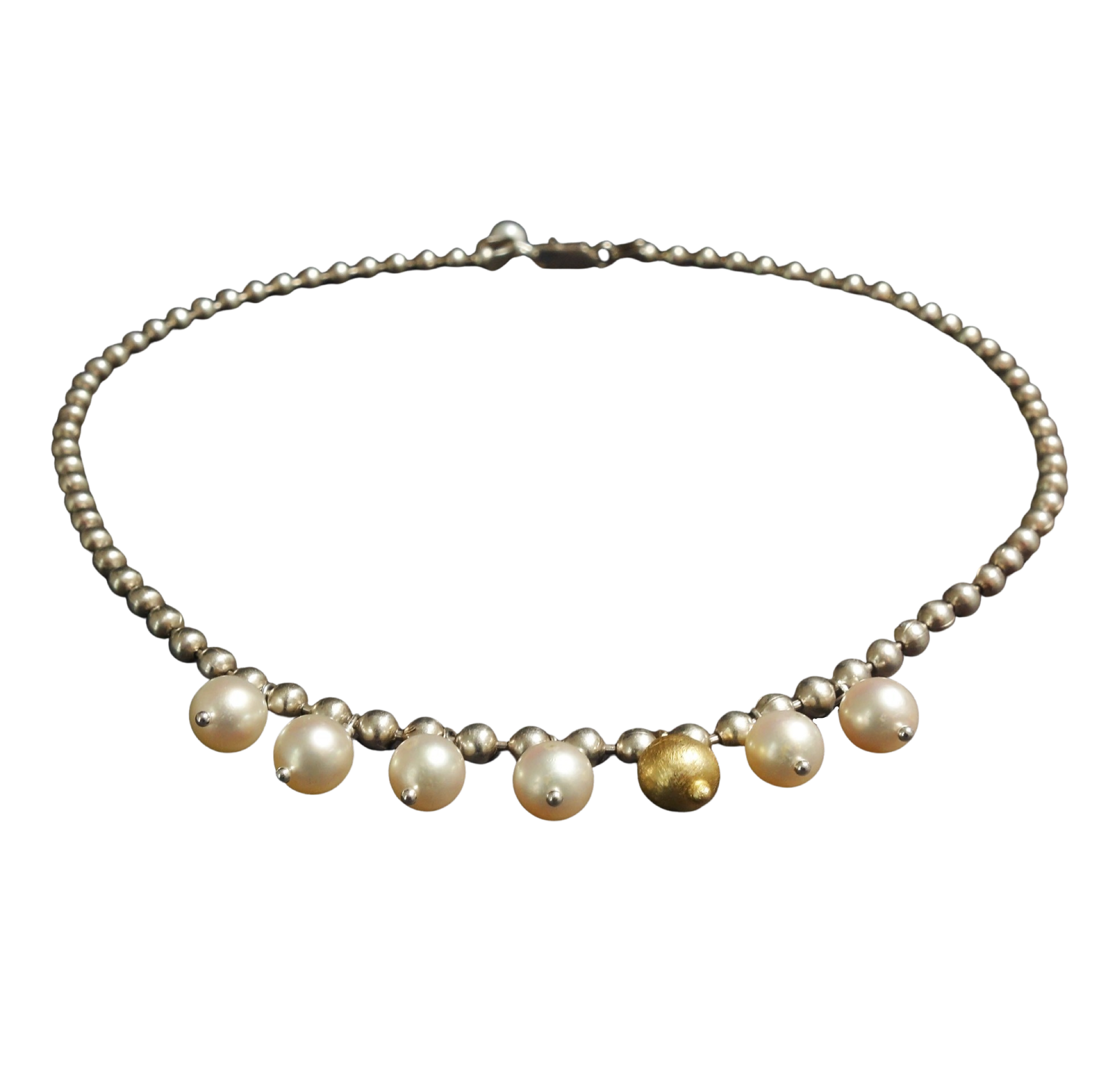 The Sun Pours Down Like Honey: pearl, gold, and silver necklace