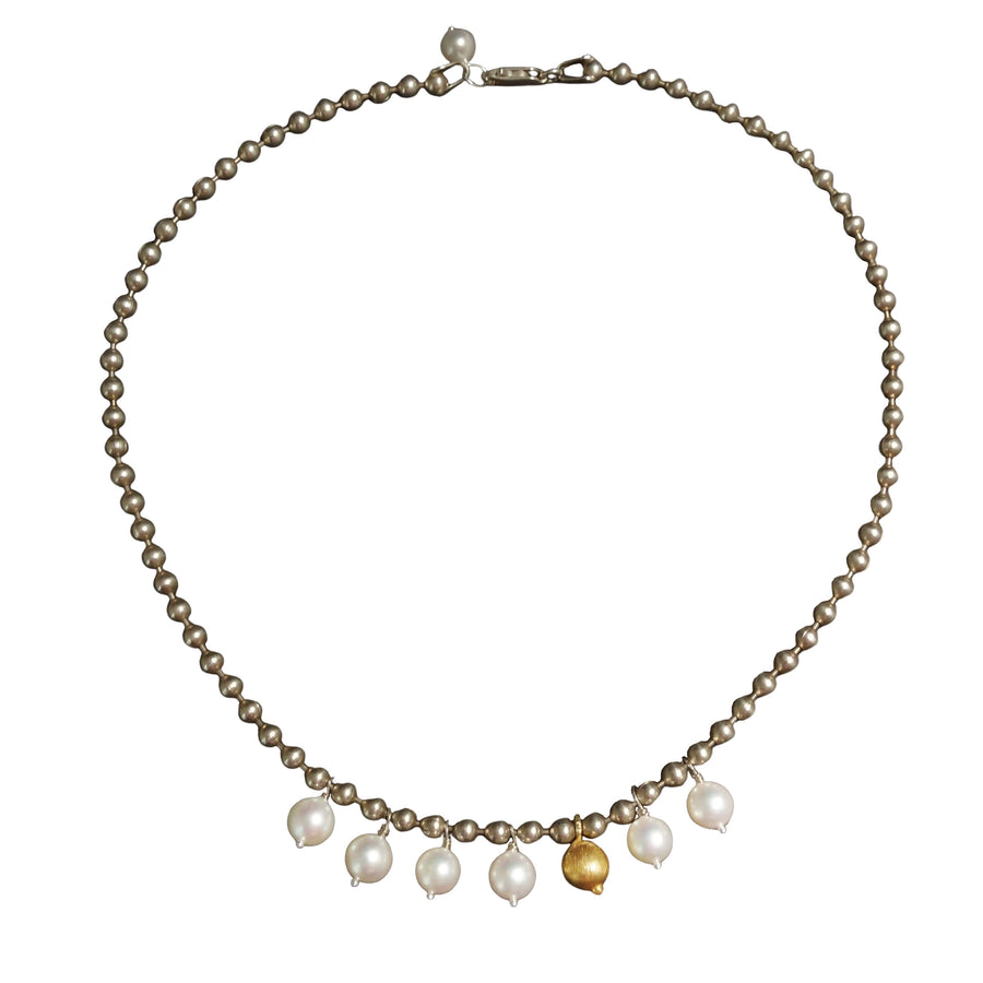 The Sun Pours Down Like Honey: pearl, gold, and silver necklace