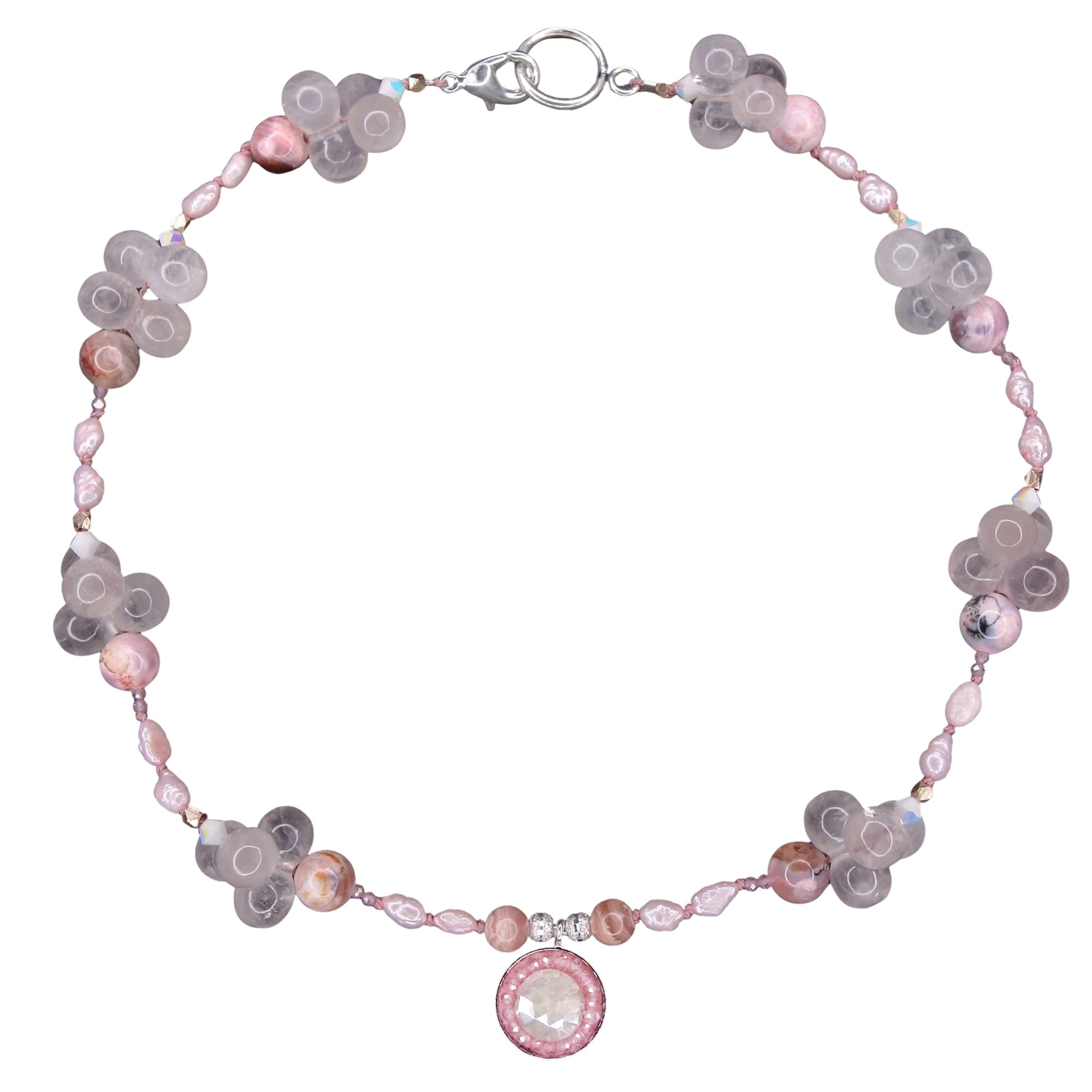 We Mothers Stand Still: rose quartz, pearl, pink sapphire mosaic necklace/bracelet