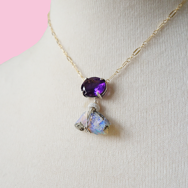 She Honors Her Legacy: amethyst and raw opal necklace