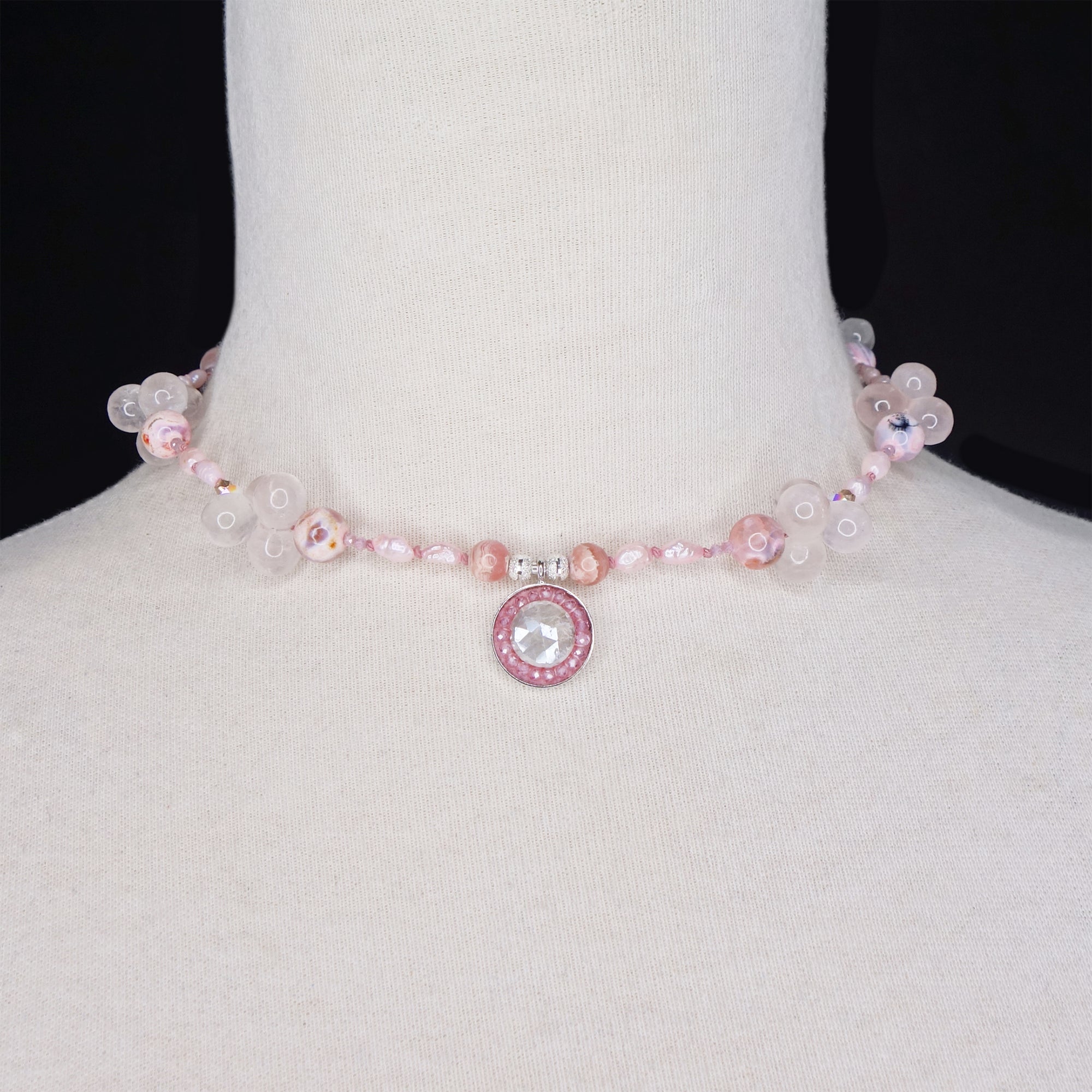 We Mothers Stand Still: rose quartz, pearl, pink sapphire mosaic necklace/bracelet