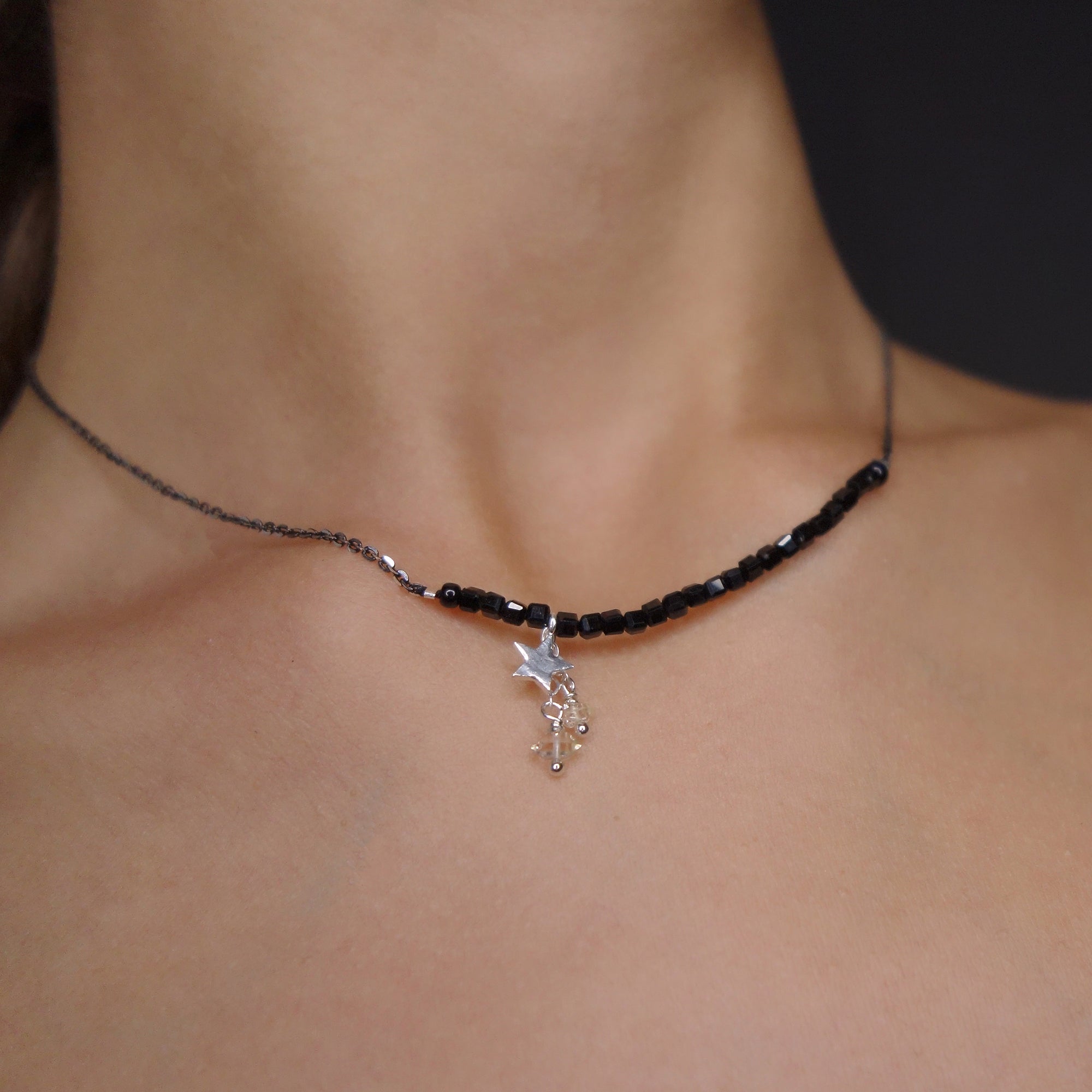 Aastreus Called You a Goddess: cube cut onyx + Herkimer diamond necklace