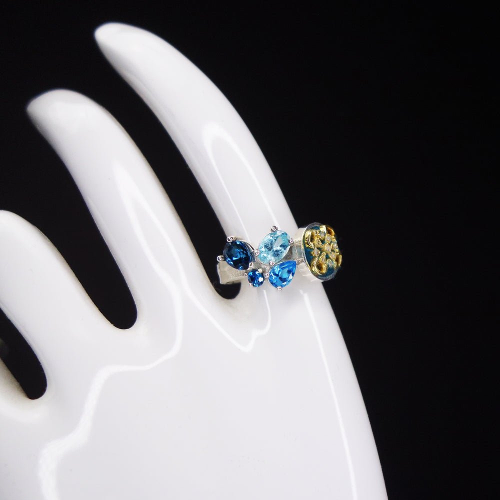 Diamond, London blue topaz, aquamarine ring