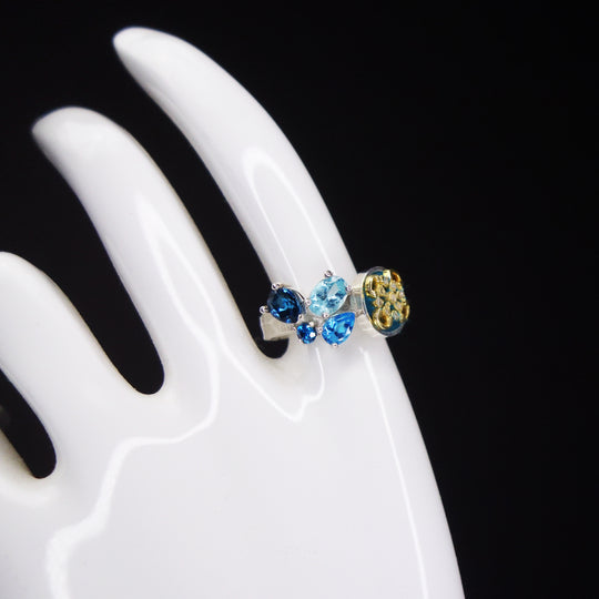 Diamond, London blue topaz, aquamarine ring