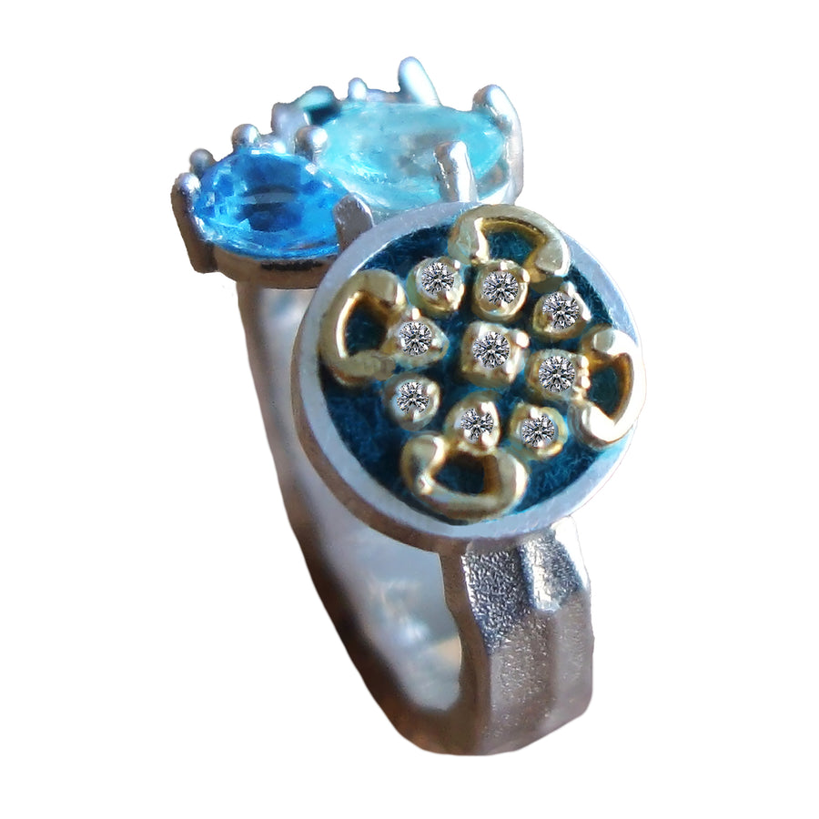 Diamond, London blue topaz, aquamarine ring
