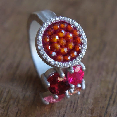 Carnelian, diamonds, ruby, tourmaline ring