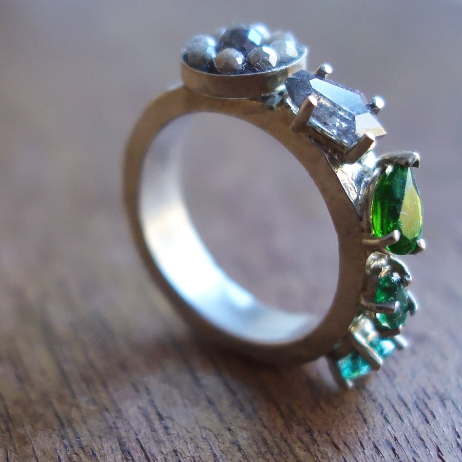Diamond, emerald, and tourmaline ring