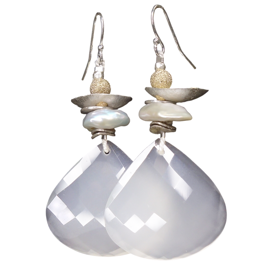 Moon Dance moonstone, pearl, gold, and silver earring