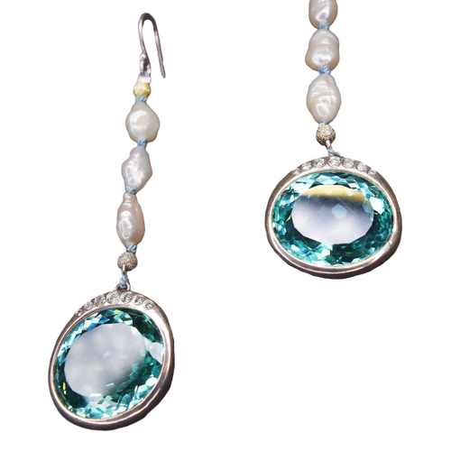 Aphrodite's Sea: tourmaline + diamond + pearl earrings