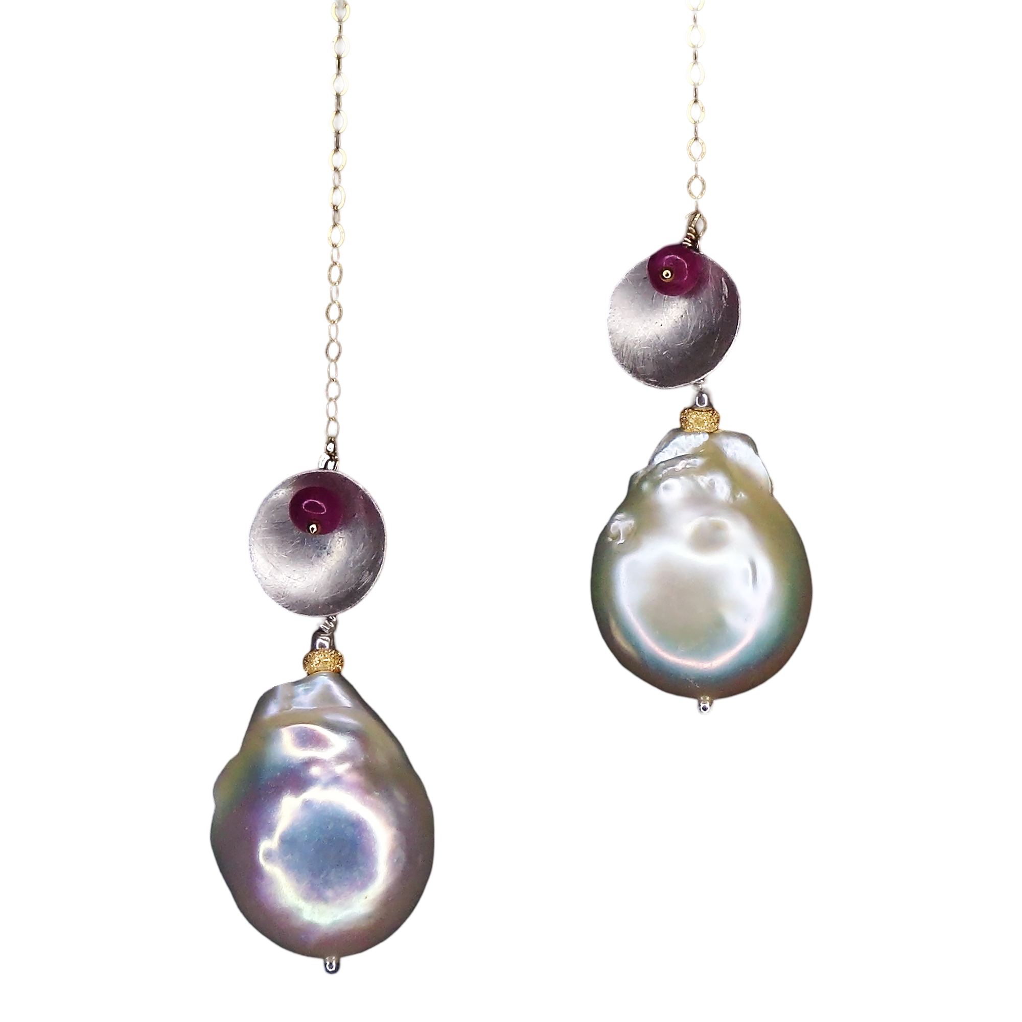 Her Blush Spoke a Thousand Words: mabe pearl, ruby, silver + gold earrings