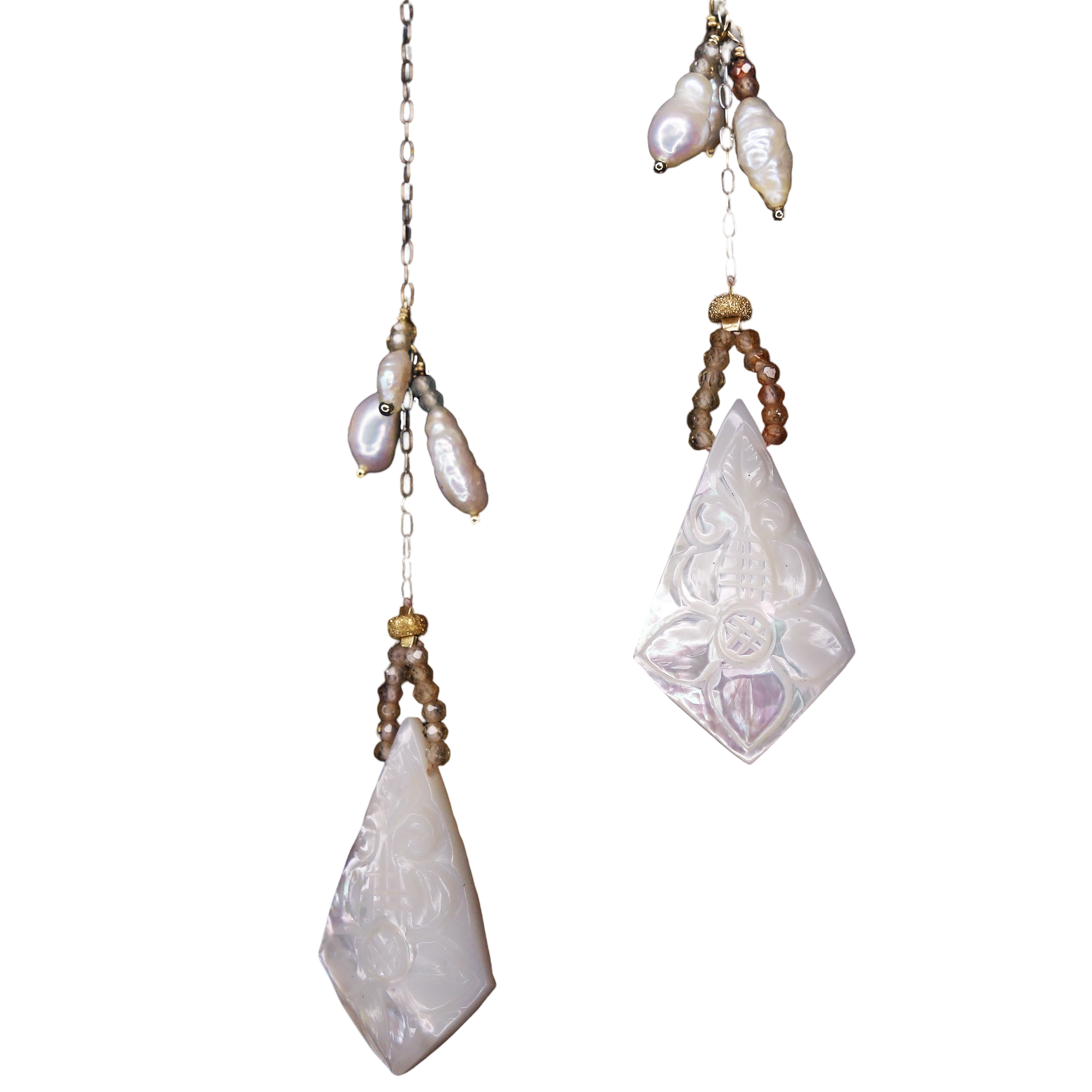 Her Heart was a Garden of Secrets: carved mother of pearl + gold earrings