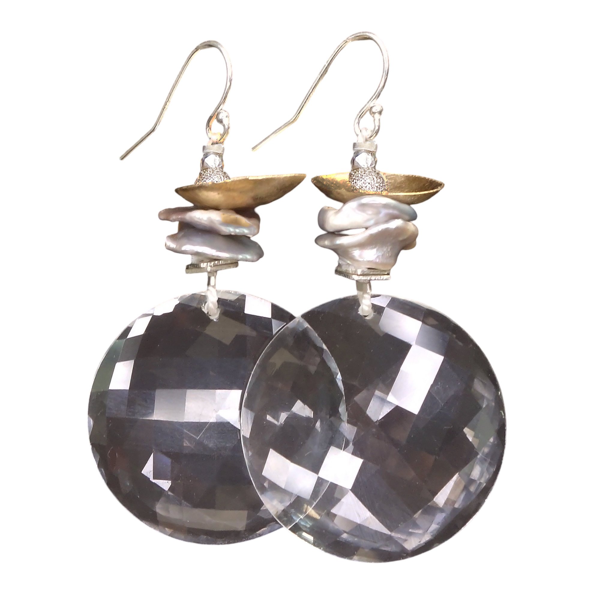 She was Crystal Clear: hand hammered gold, silver, pearl and quartz earring