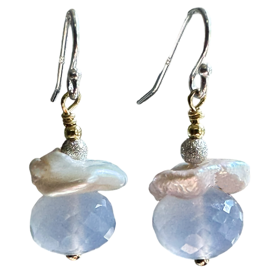 Summer Dusk: blue chalcedony + pearl earring