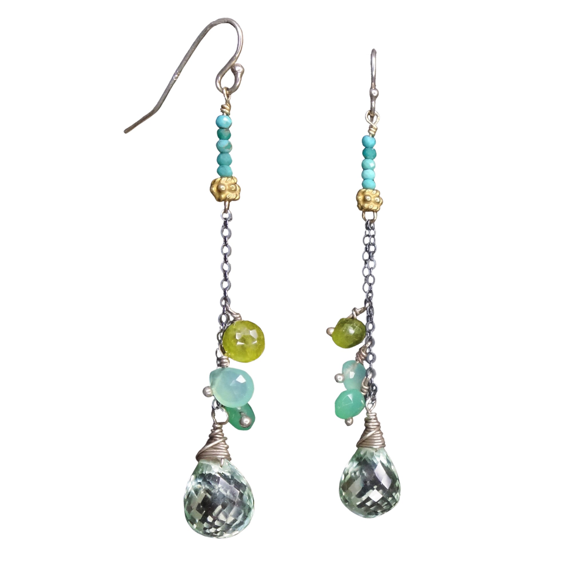 Walk on the Beach Before Breakfast: presiolite, gold and turquoise earring