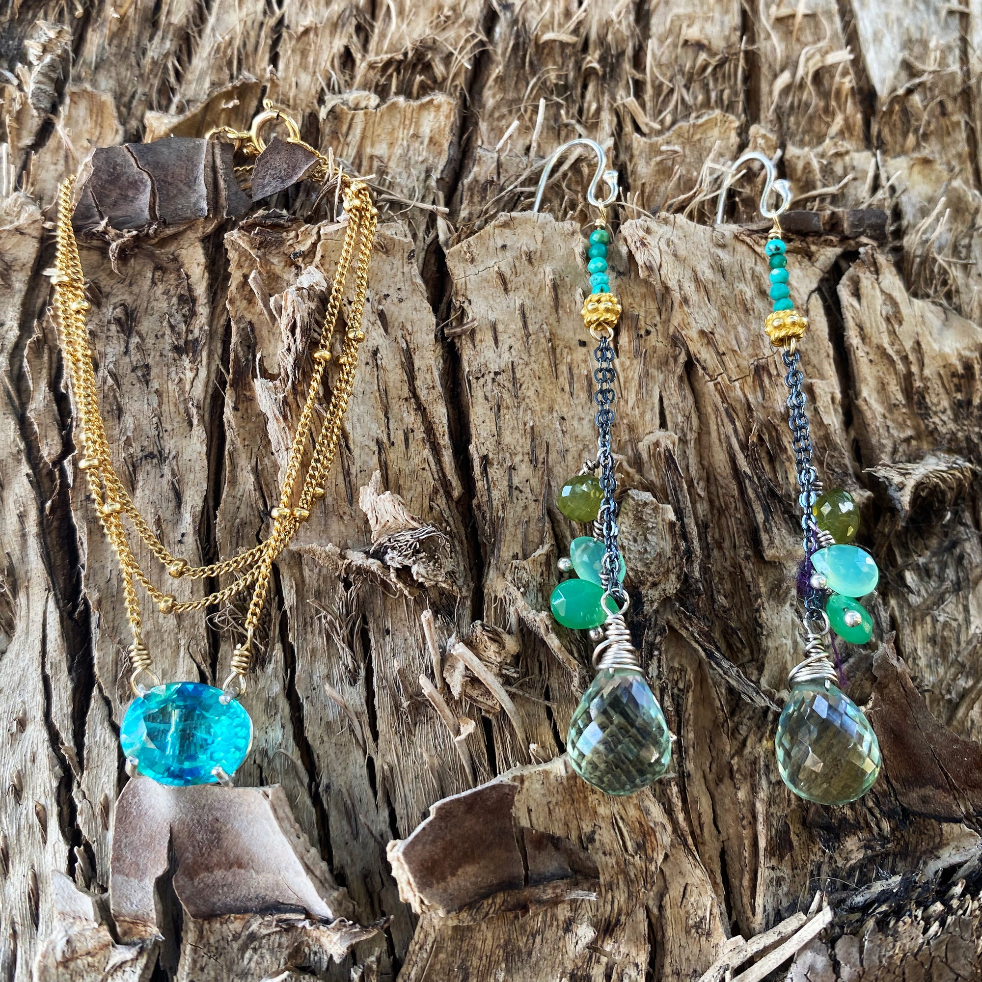 Walk on the Beach Before Breakfast: presiolite, gold and turquoise earring