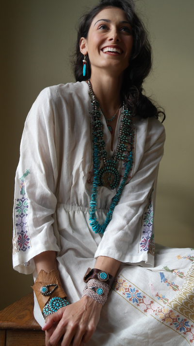 Cuff: leather, turquoise and rose gold