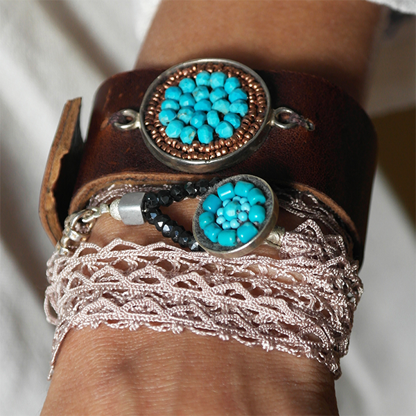 Cuff: leather, turquoise and rose gold