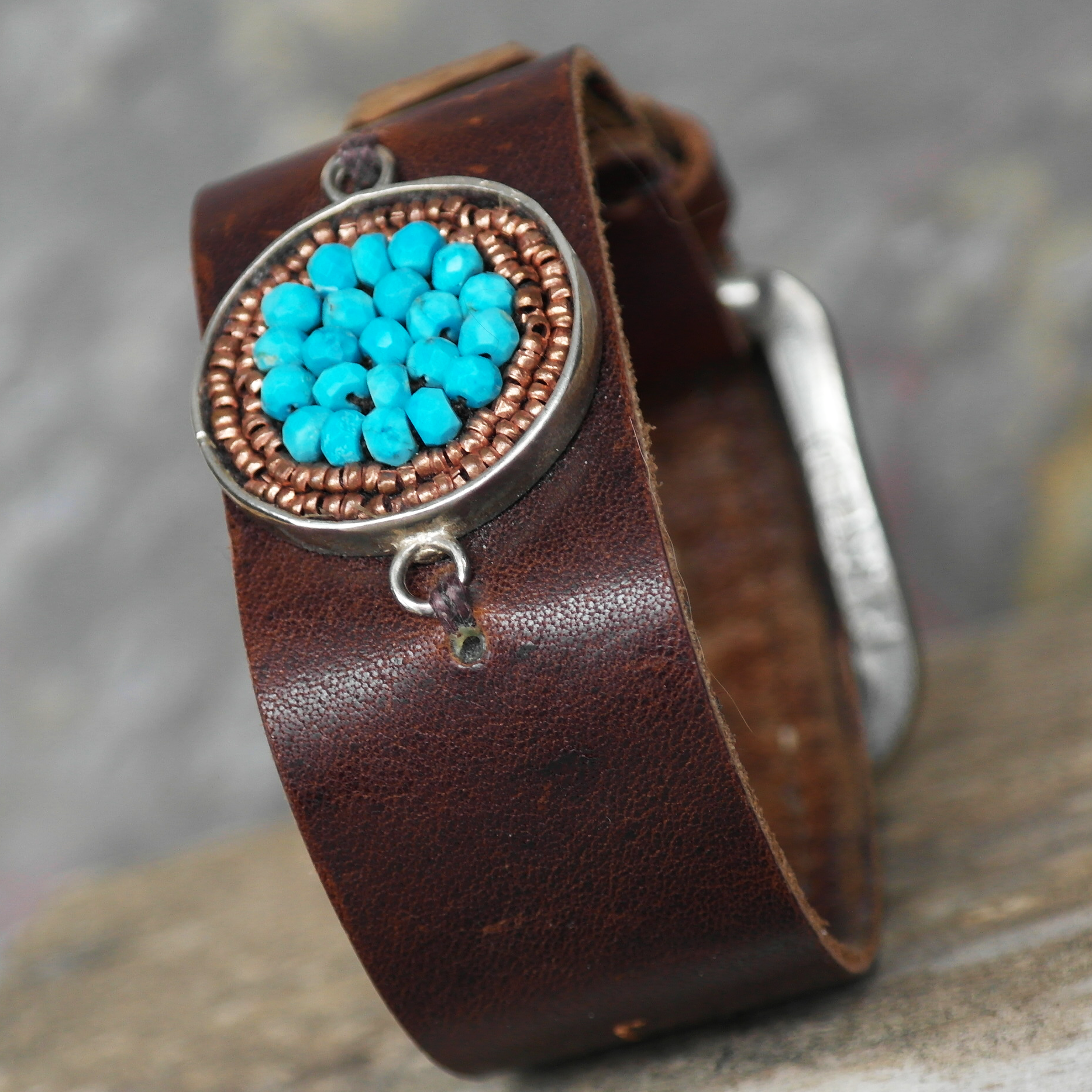 Cuff: leather, turquoise and rose gold