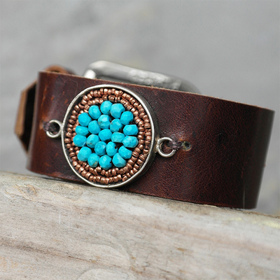 Cuff: leather, turquoise and rose gold