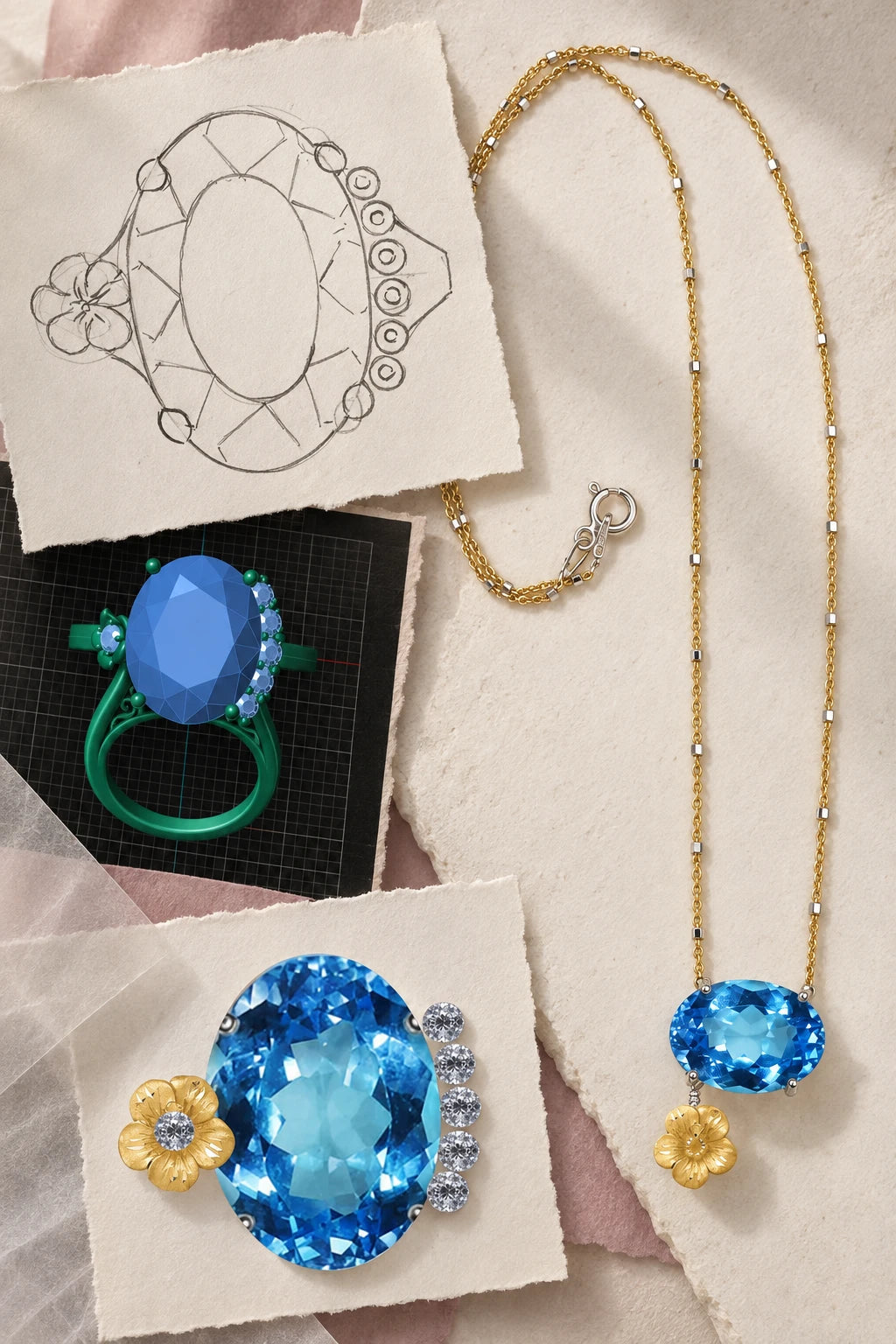 Collage of Sophia Forero designing and hand setting gemstones for a custom commissioned jewel