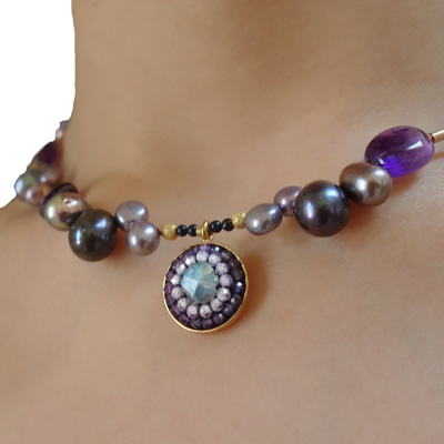 Amethyst in Her Garden: pearl, labradorite mosaic necklace