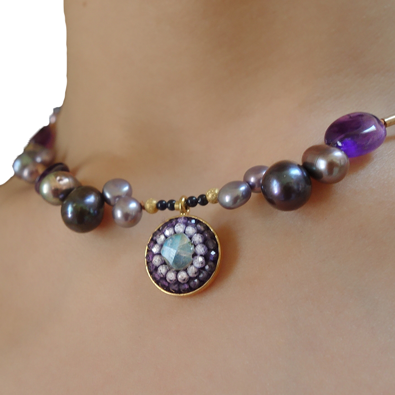 Amethyst in Her Garden: pearl, labradorite mosaic necklace