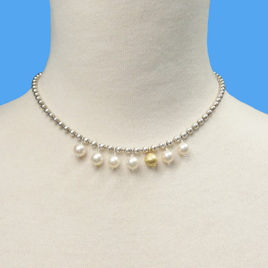 The Sun Pours Down Like Honey: pearl, gold, and silver necklace