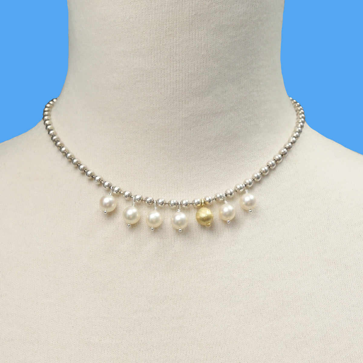 The Sun Pours Down Like Honey: pearl, gold, and silver necklace