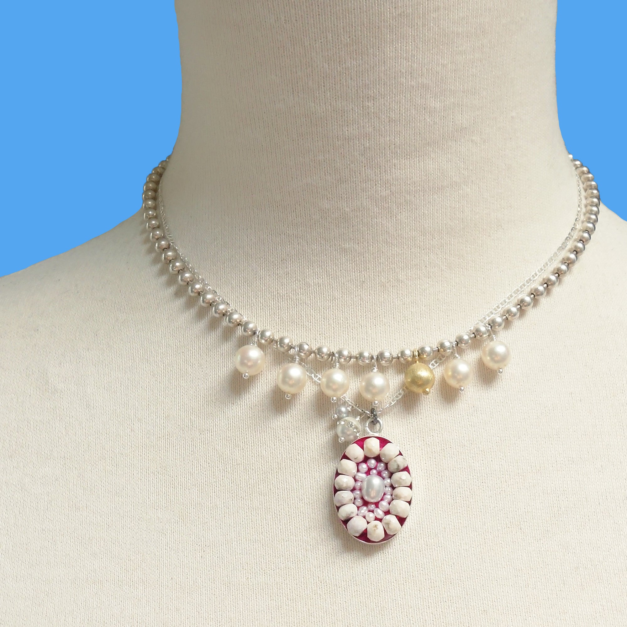 The Sun Pours Down Like Honey: pearl, gold, and silver necklace