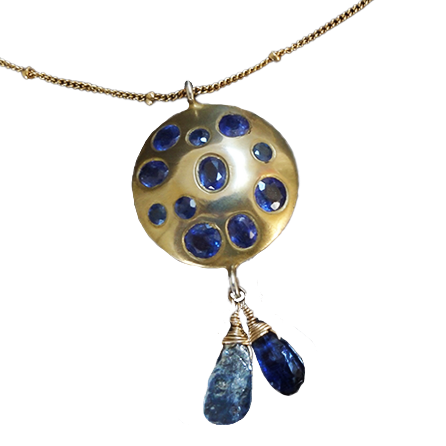 Indigo Empress: raw kyanite and blue sapphire in gold necklace