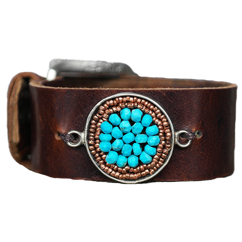 Cuff: leather, turquoise and rose gold