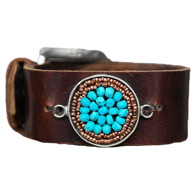 Cuff: leather, turquoise and rose gold