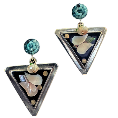 Flowers on the Table: mother of pearl inlay, aquamarine mosaic earring