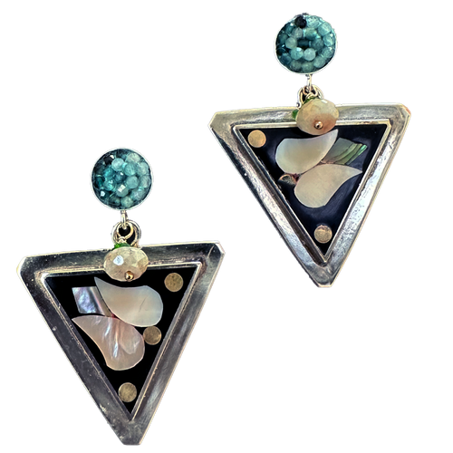 Flowers on the Table: mother of pearl inlay, aquamarine mosaic earring