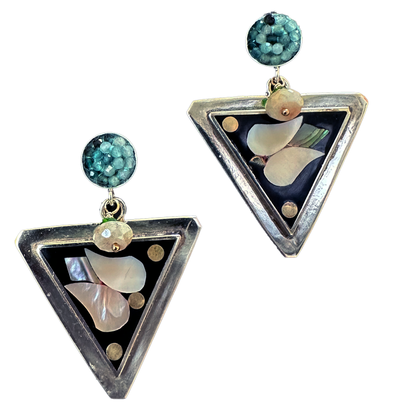 Flowers on the Table: mother of pearl inlay, aquamarine mosaic earring