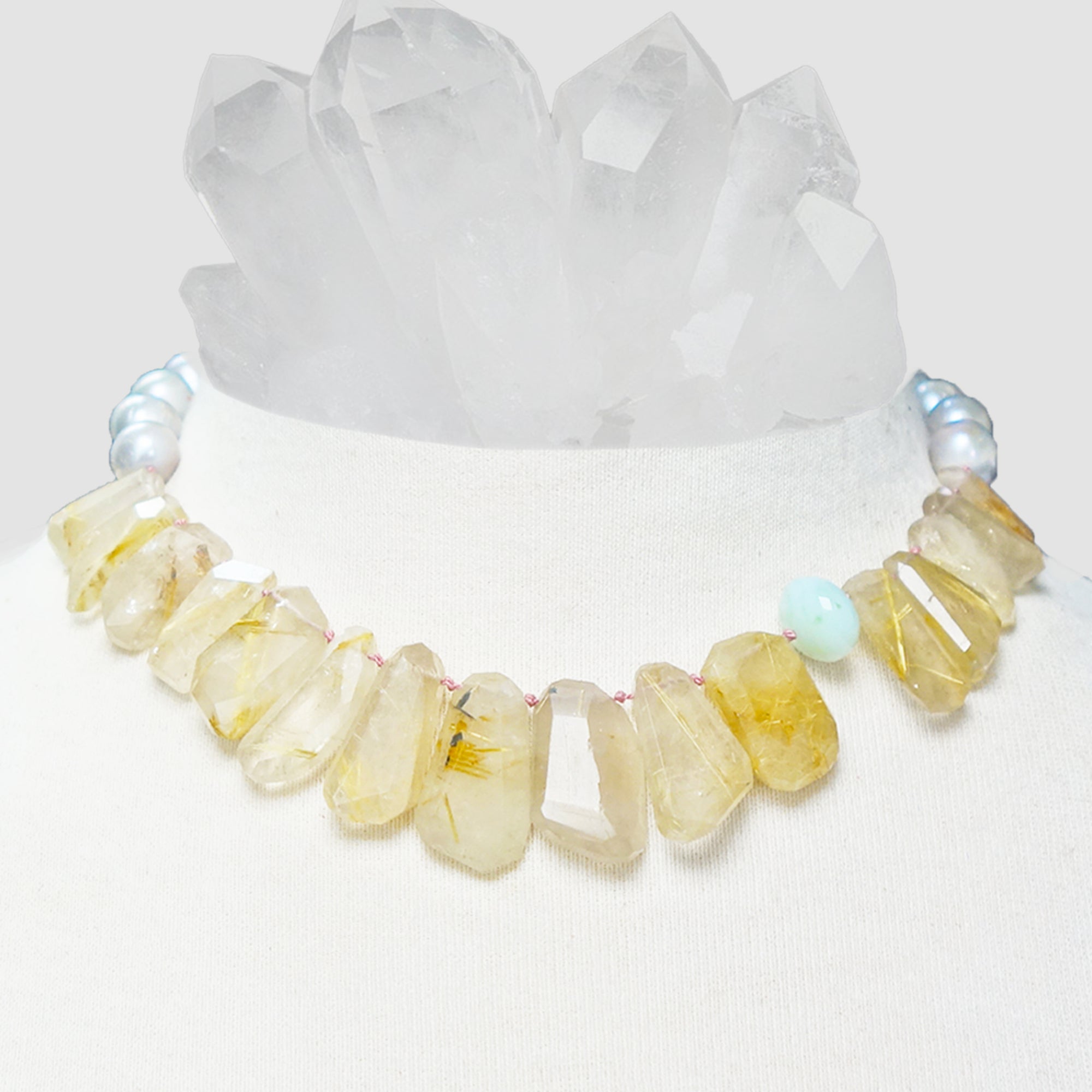 Rhudalated Quartz, Peruvian opal, and Pearl necklace