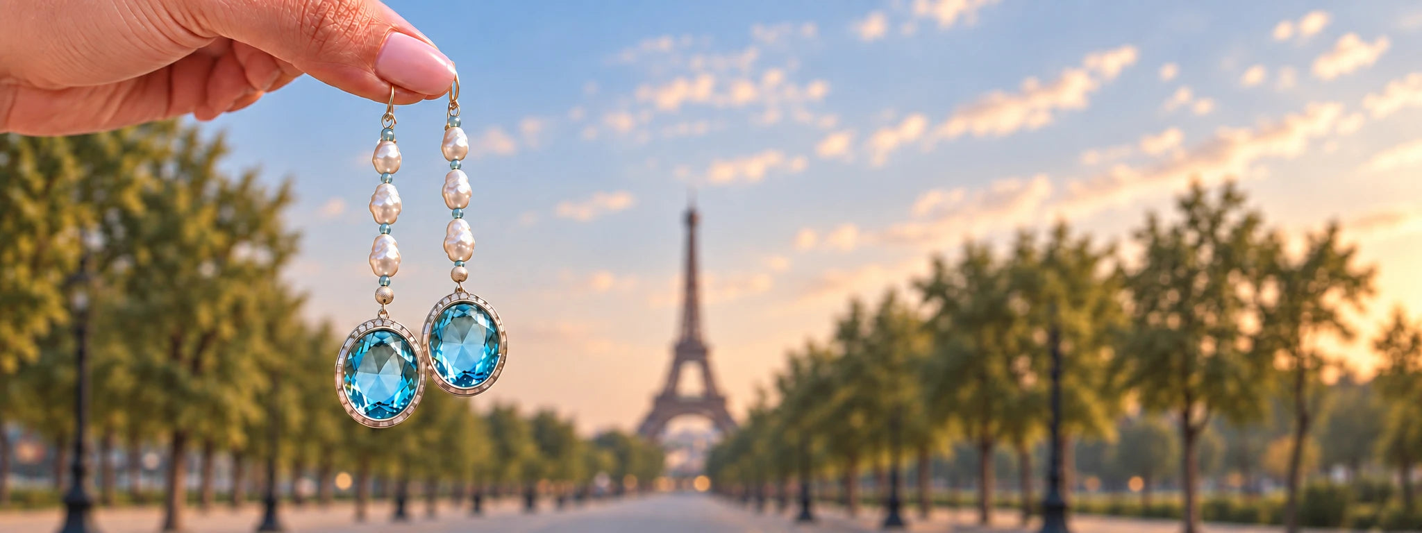 Blue topaz and pearl drop earrings by Sophia Forero held up in front of the Eiffel Tower at sunset