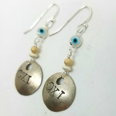 OXI Silver Earrings on Silver Hooks with Greek Mati
