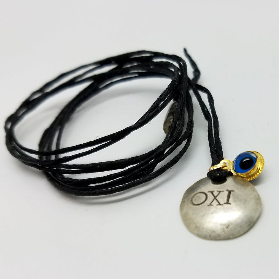 OXI Bracelet/Necklace with Glass Mati on Black Waxed Silk Cord