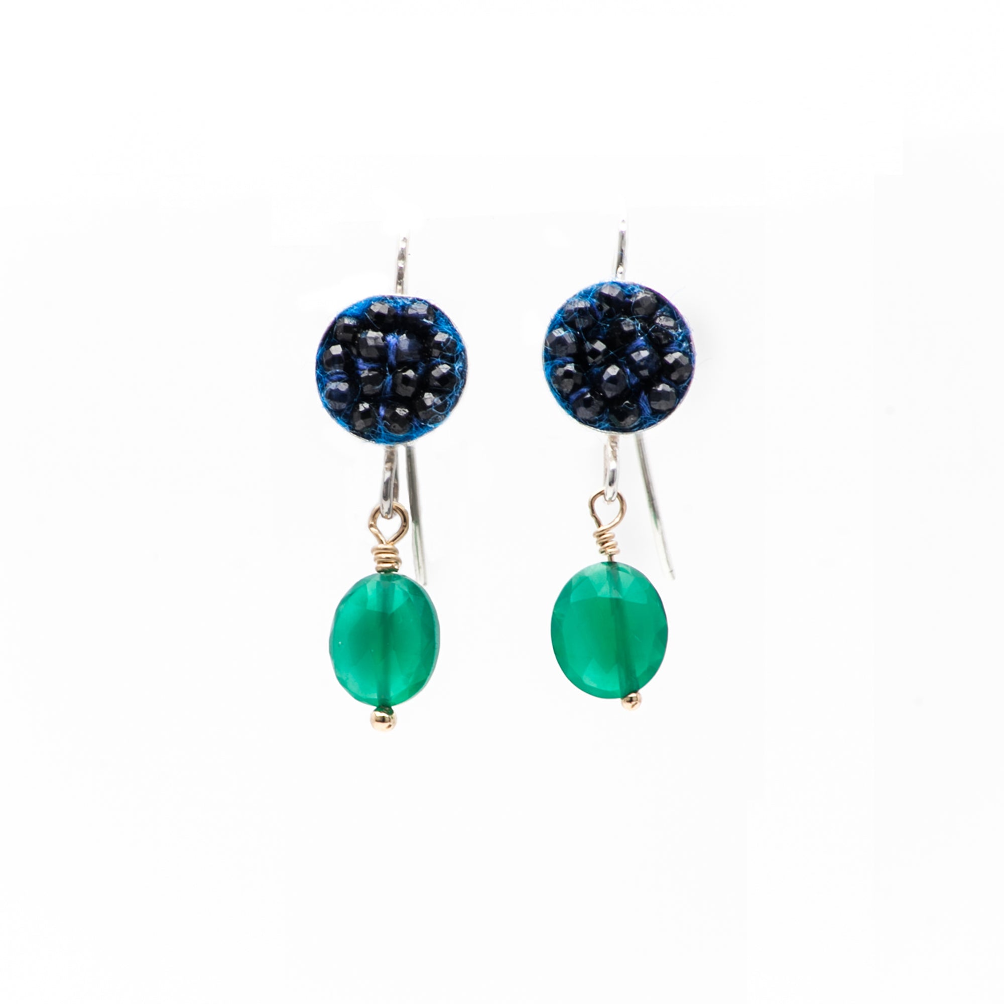 Moxie Blue Sapphire Earrings with Faceted Green Onyx Drops