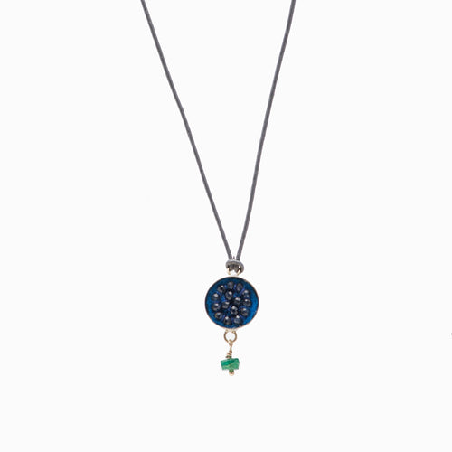 Moxie Blue Sapphire Necklace/Bracelet Wrap with Faceted Emerald Dangle on Greek Leather