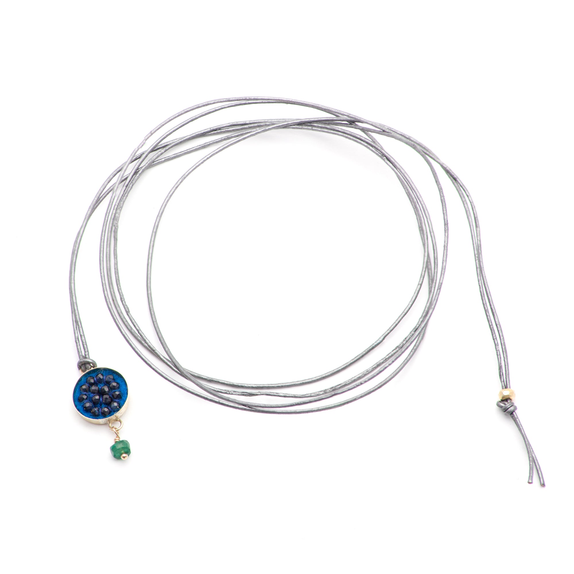 Moxie Blue Sapphire Necklace/Bracelet Wrap with Faceted Emerald Dangle on Greek Leather