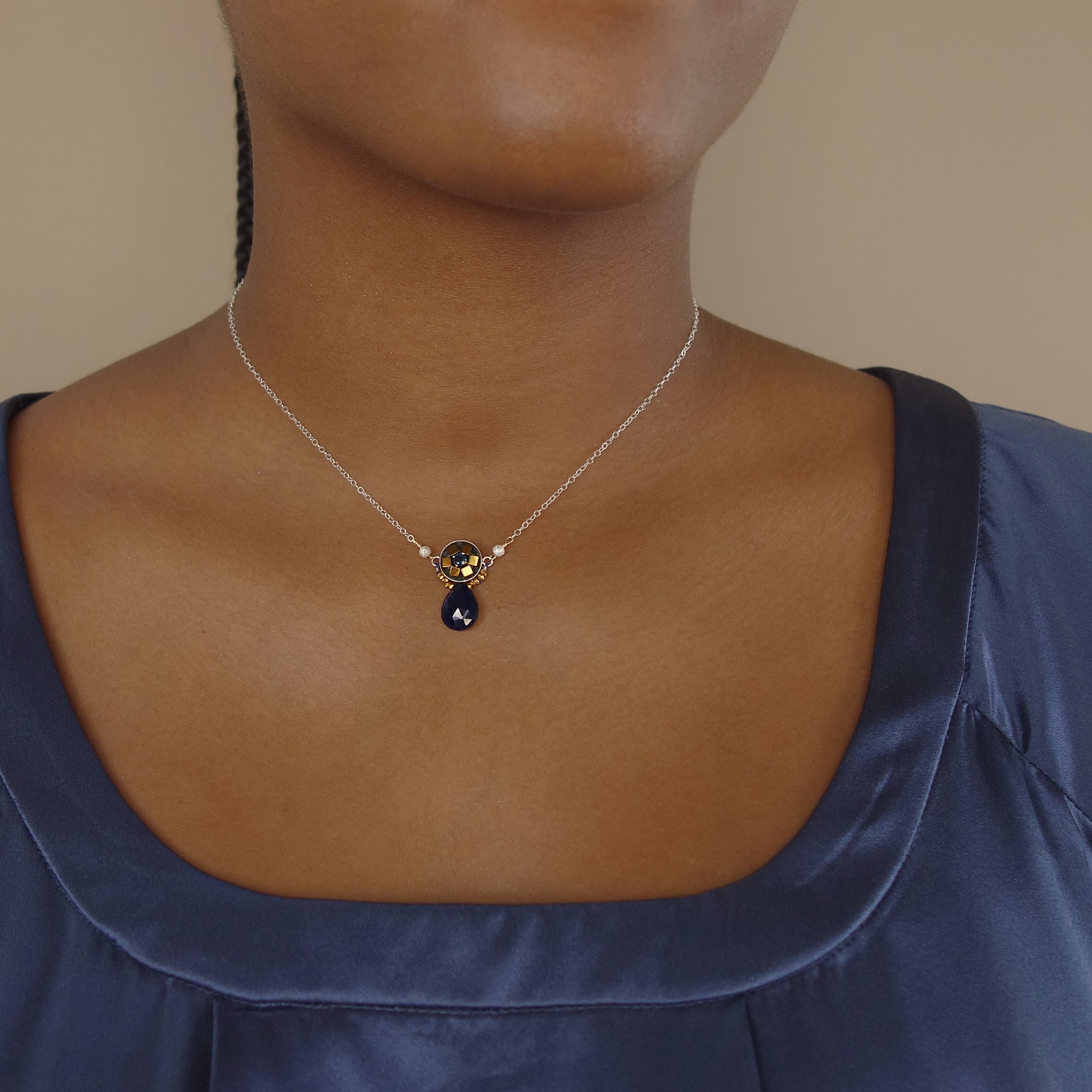 Alicia's heart of gold: blue sapphire mosaic necklace