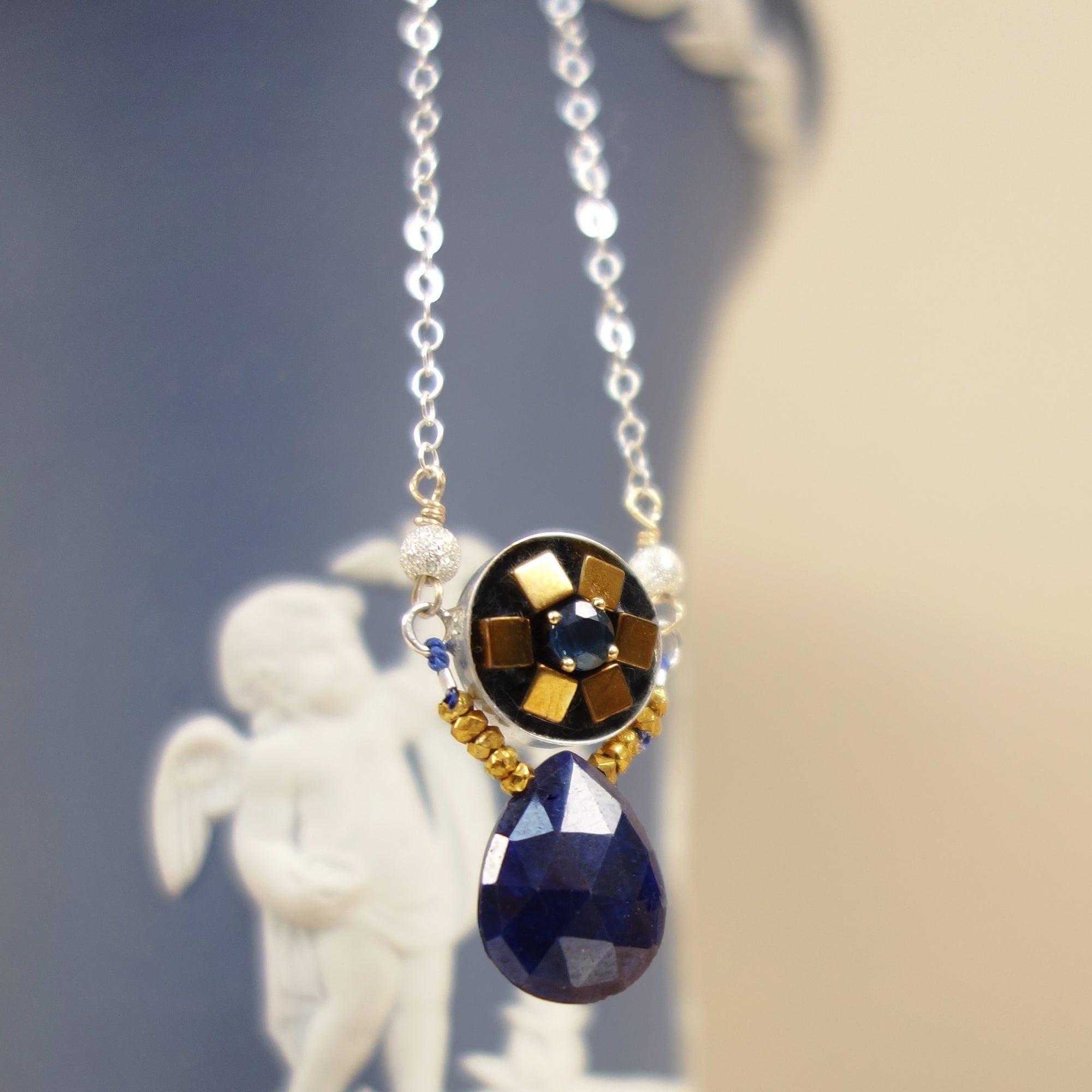 Alicia's heart of gold: blue sapphire mosaic necklace