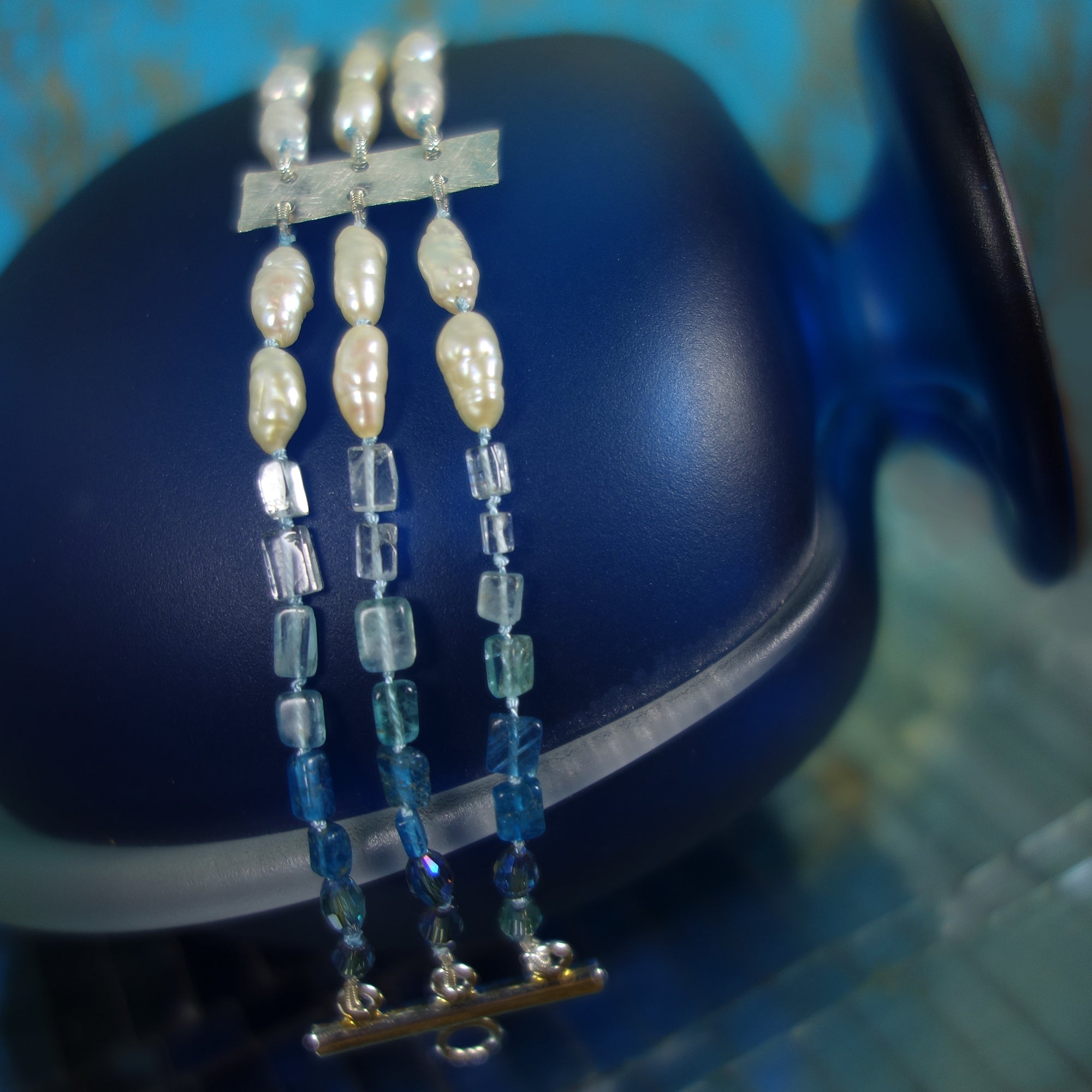 Aphrodite's Sea (pearl, aquamarine, and apatite) multi strand bracelet